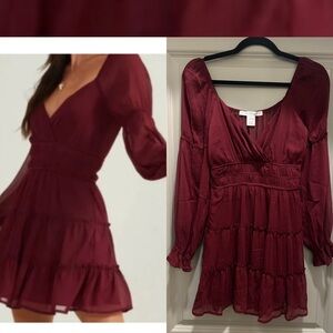 Altard State (S) Burgundy Brynn Long Sleeved Dress Mini Puff Sleeve V neck Dress